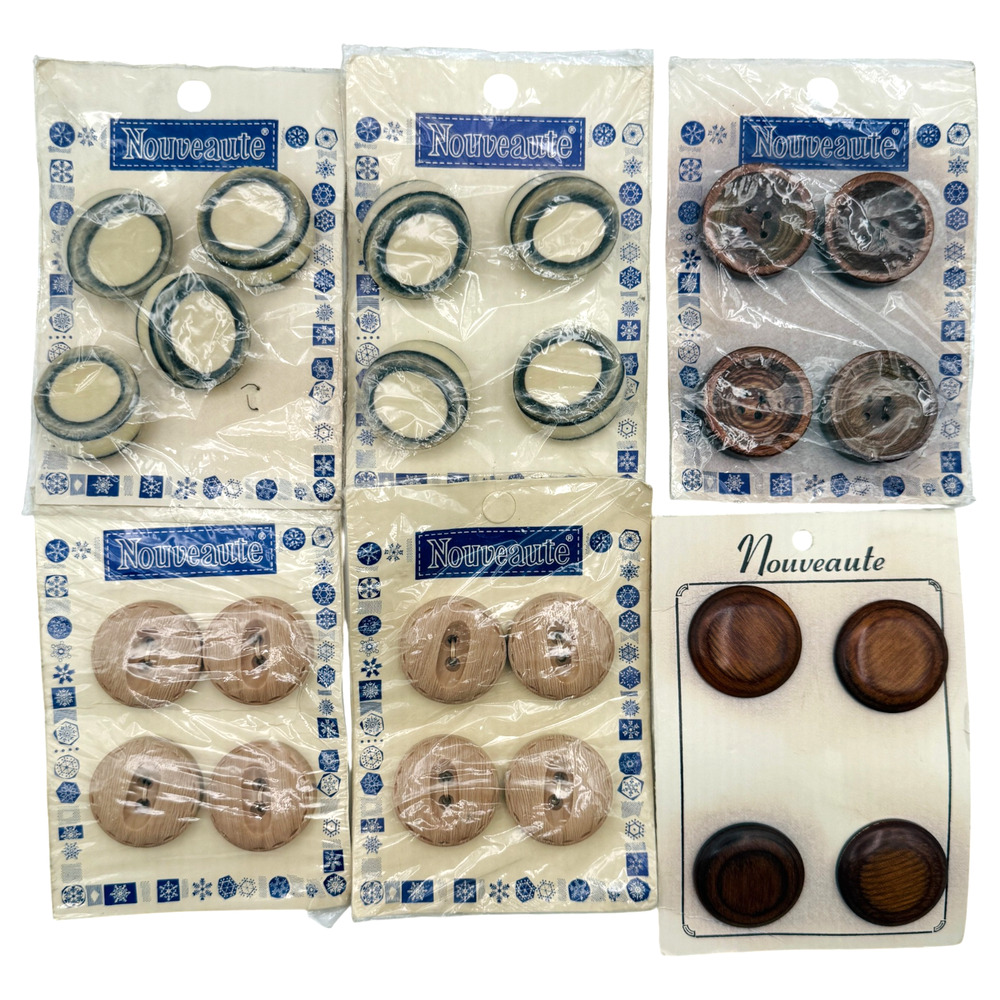Vintage Nouveaute Buttons Lot of 24 on Original Cards Brown Wood Mixed Retro NOS